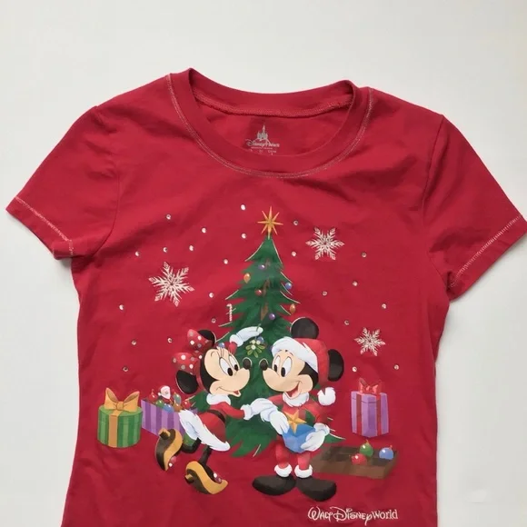 Disney Parks Red Christmas Mickey & Minnie Tee XS - Picture 3 of 10
